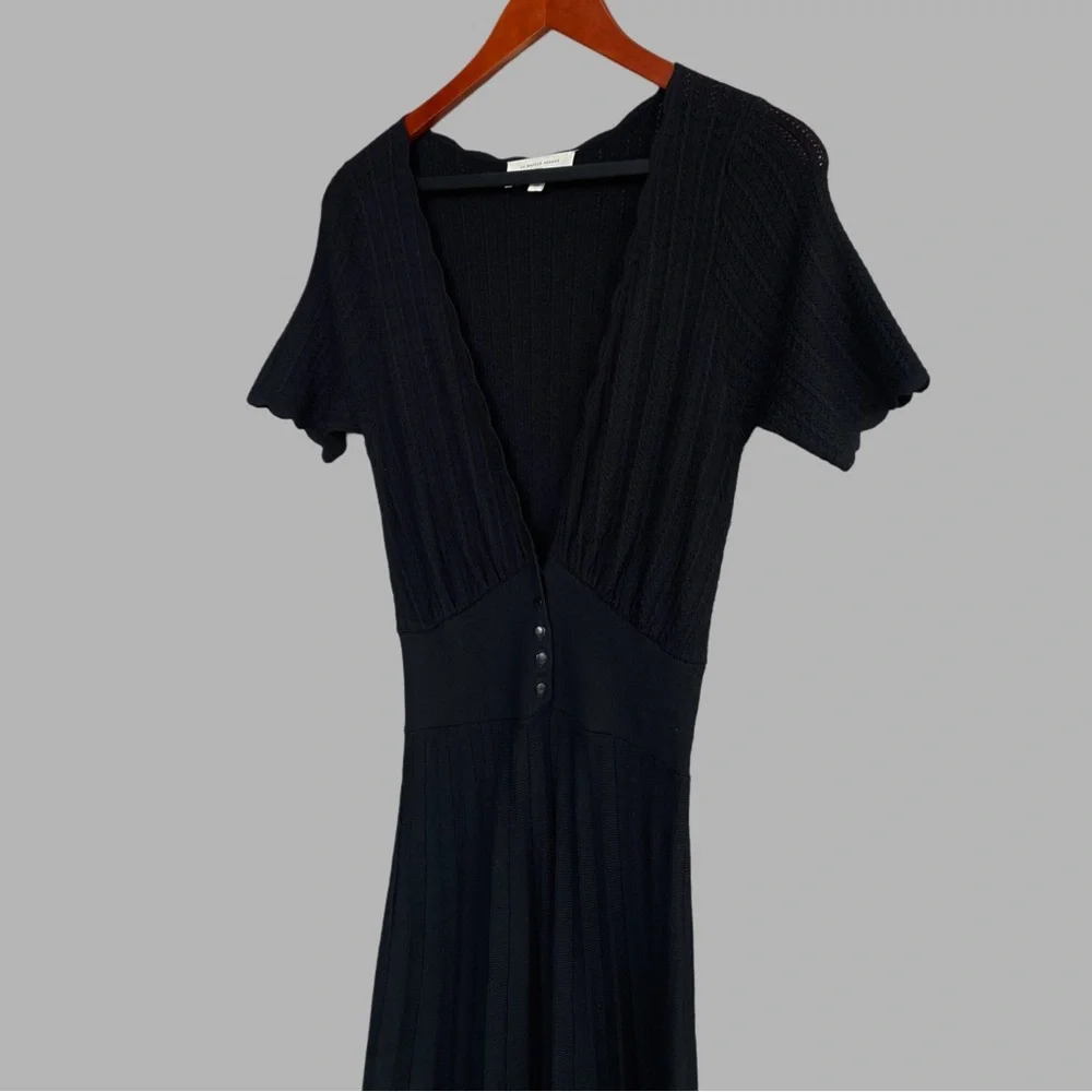 SEZANE Black Plunging V Neck Ecovero Lenzing Scalloped Knit Dahlia Midi Dress - Picture 2 of 10
